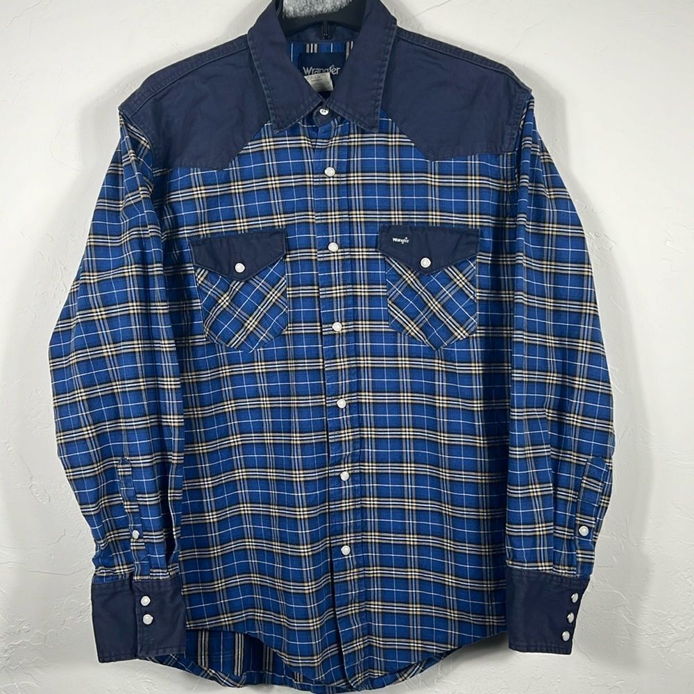 🔥 Vintage Wrangler Western Pearl Snap Plaid Starch Long Sleeve Shirt - Lg - EUC